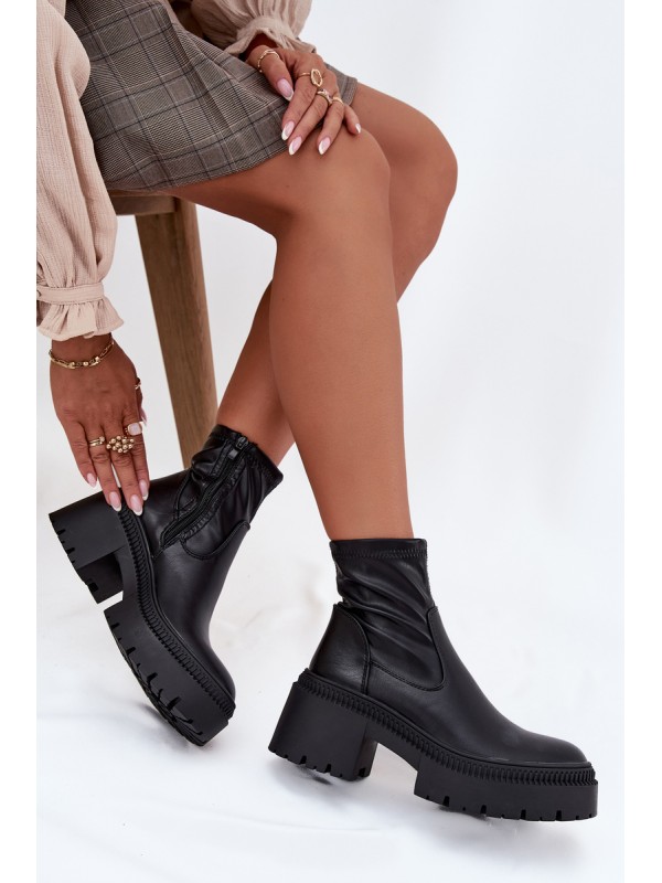 Women's Ankle Boots with Chunky Heel and Platform Eco Leather Black Elvianne