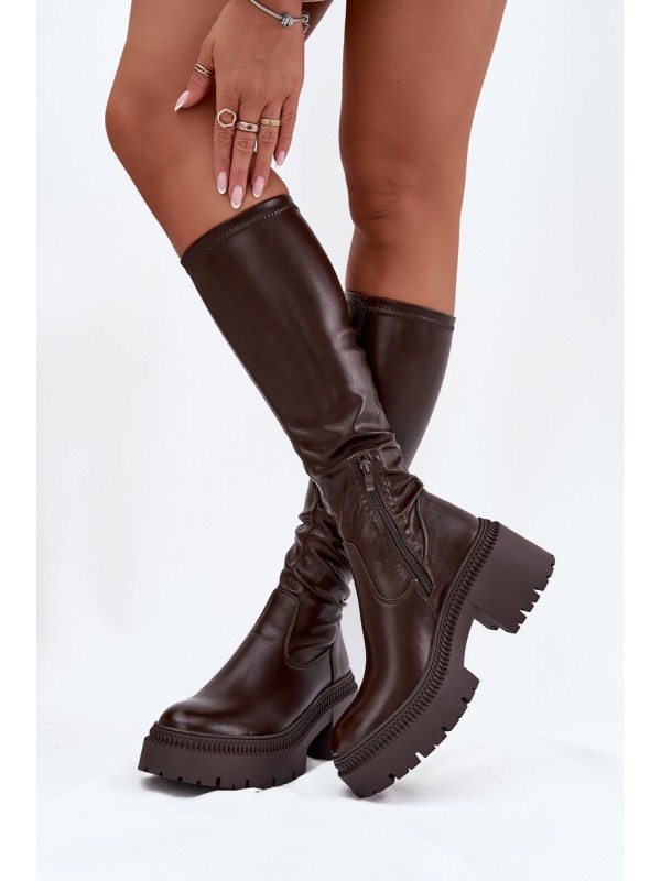 Women's Boots with Thick Heel and Platform Slip-On Brown Florinne