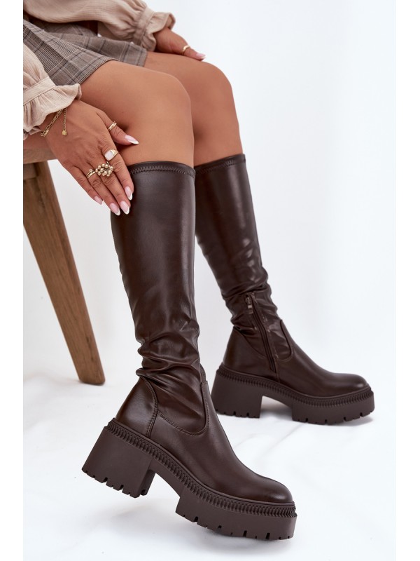 Women's Boots with Thick Heel and Platform Slip-On Brown Florinne