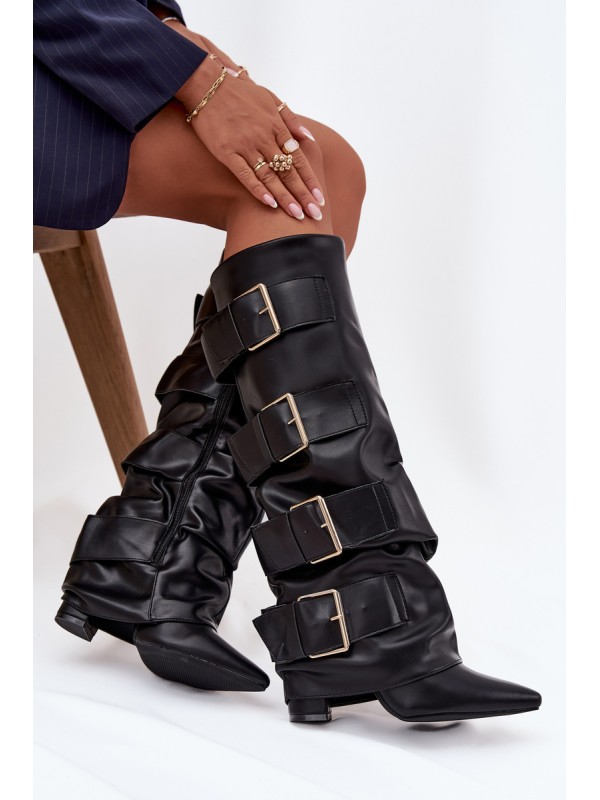 Women's heeled boots with turned upper and gold buckles Black Isavelle