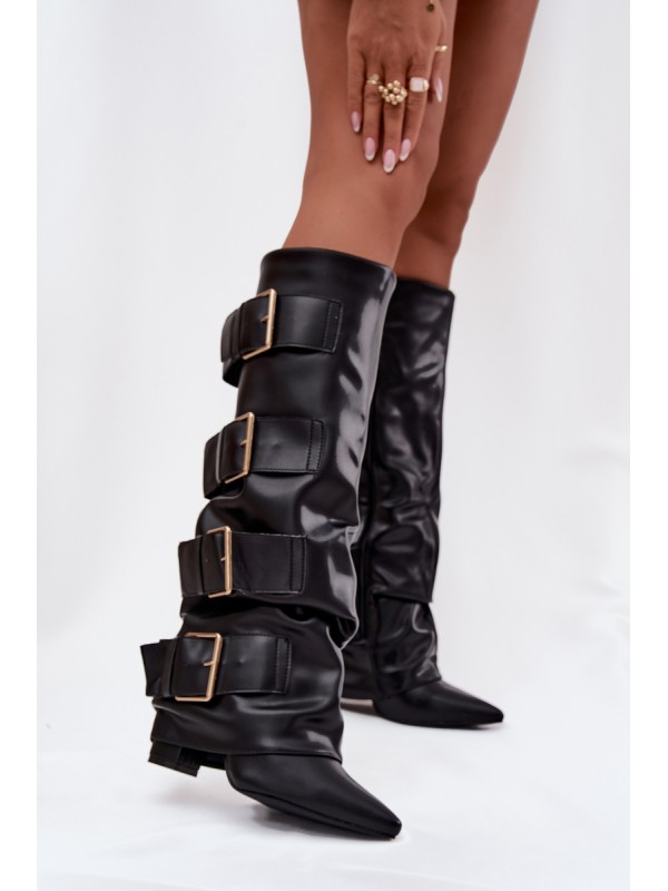 Women's heeled boots with turned upper and gold buckles Black Isavelle 2