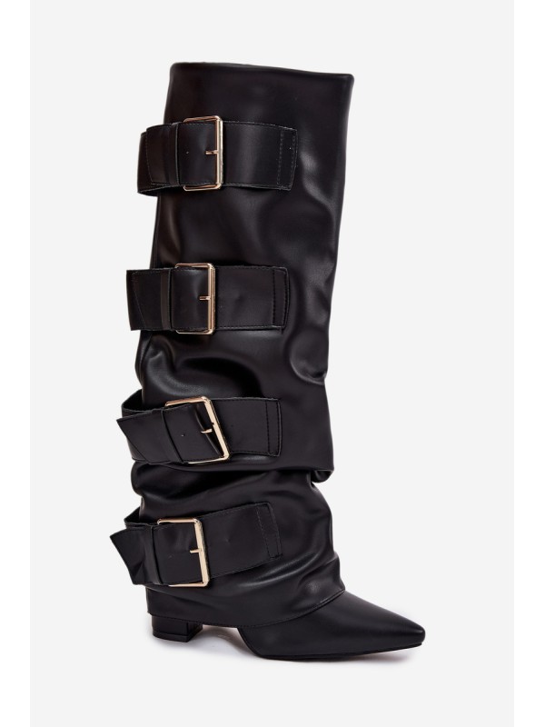 Women's heeled boots with turned upper and gold buckles Black Isavelle