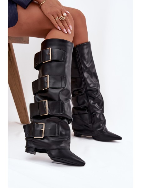 Women's heeled boots with turned upper and gold buckles Black Isavelle