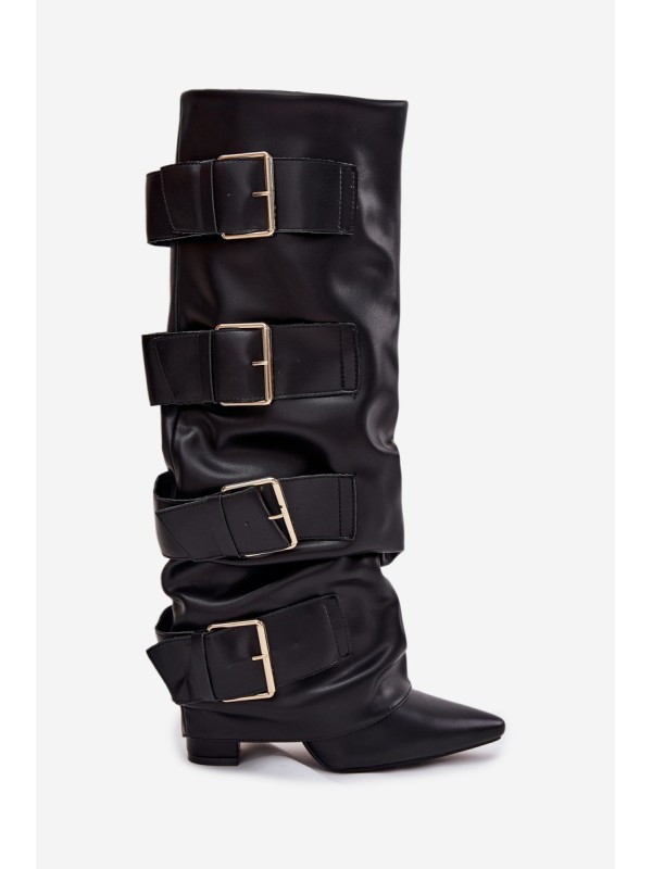 Women's heeled boots with turned upper and gold buckles Black Isavelle