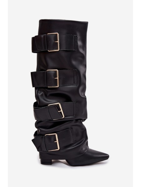 Women's heeled boots with turned upper and gold buckles Black Isavelle