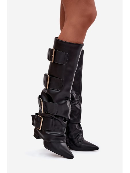 Women's heeled boots with turned upper and gold buckles Black Isavelle