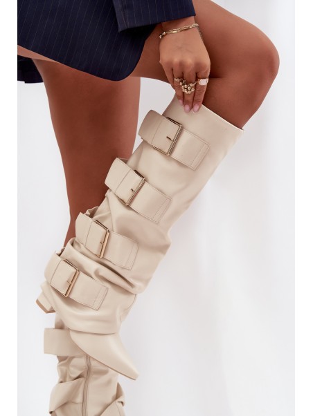 Women's High Heel Boots with Turned-up Shaft and Golden Buckles Light Beige Isavelle
