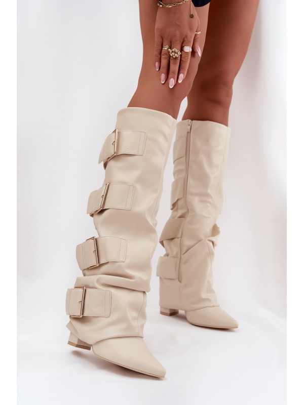 Women's High Heel Boots with Turned-up Shaft and Golden Buckles Light Beige Isavelle 2