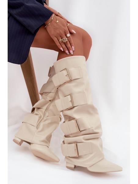 Women's High Heel Boots with Turned-up Shaft and Golden Buckles Light Beige Isavelle