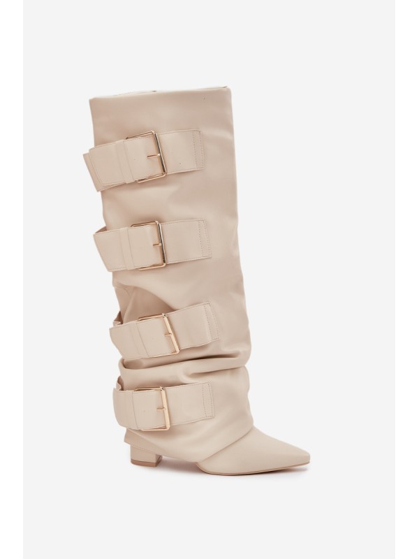 Women's High Heel Boots with Turned-up Shaft and Golden Buckles Light Beige Isavelle
