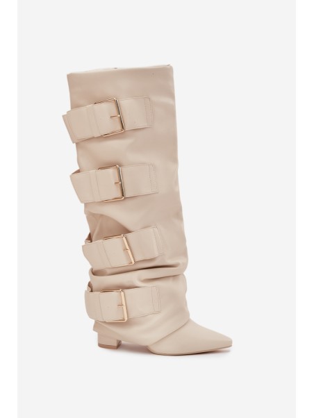Women's High Heel Boots with Turned-up Shaft and Golden Buckles Light Beige Isavelle