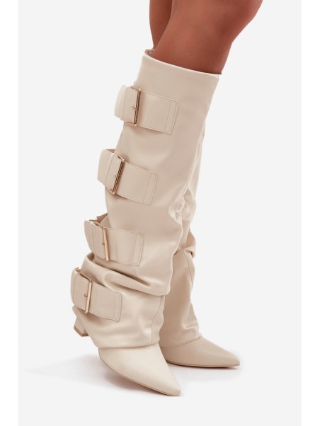 Women's High Heel Boots with Turned-up Shaft and Golden Buckles Light Beige Isavelle
