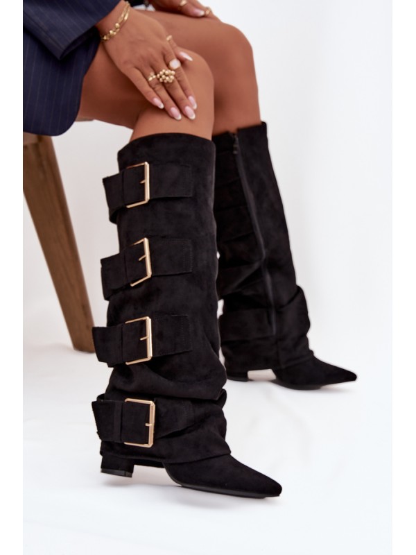 Women's heeled boots with turned-up shaft and gold buckles eco suede black Isavelle
