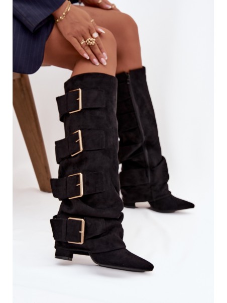 Women's heeled boots with turned-up shaft and gold buckles eco suede black Isavelle