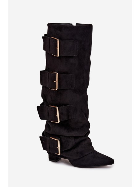 Women's heeled boots with turned-up shaft and gold buckles eco suede black Isavelle