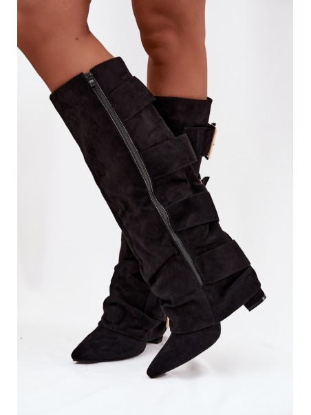 Women's heeled boots with turned-up shaft and gold buckles eco suede black Isavelle