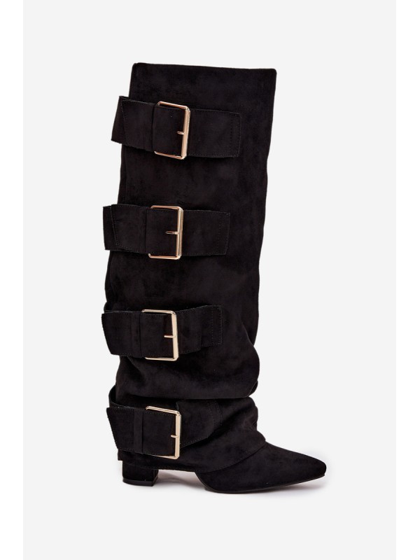 Women's heeled boots with turned-up shaft and gold buckles eco suede black Isavelle