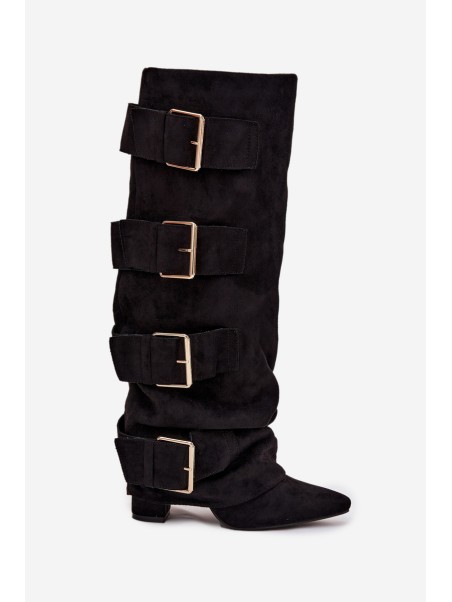 Women's heeled boots with turned-up shaft and gold buckles eco suede black Isavelle
