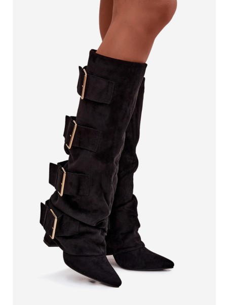 Women's heeled boots with turned-up shaft and gold buckles eco suede black Isavelle
