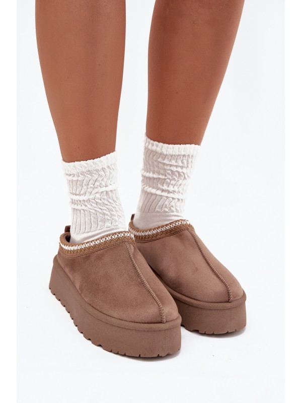 Low Women's Snow Boots With Embroidery On Platform Dark Beige Narirya