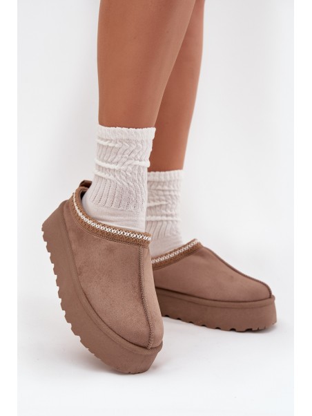 Low Women's Snow Boots With Embroidery On Platform Dark Beige Narirya