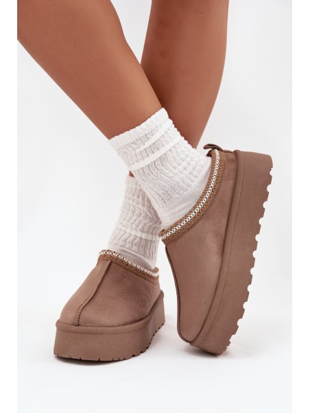 Low Women's Snow Boots With Embroidery On Platform Dark Beige Narirya