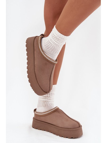 Low Women's Snow Boots With Embroidery On Platform Dark Beige Narirya