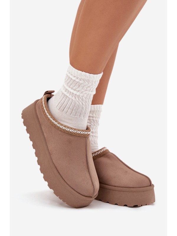 Low Women's Snow Boots With Embroidery On Platform Dark Beige Narirya