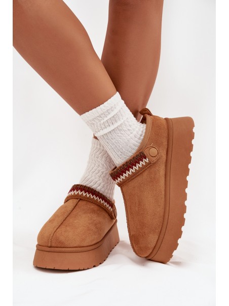Women's Low Snow Boots With Movable Strap And Embroidery On Platform Camel Lyrisse