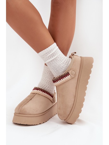 Women's Low Snow Boots With Movable Strap And Embroidery On Platform Light Beige Lyrisse