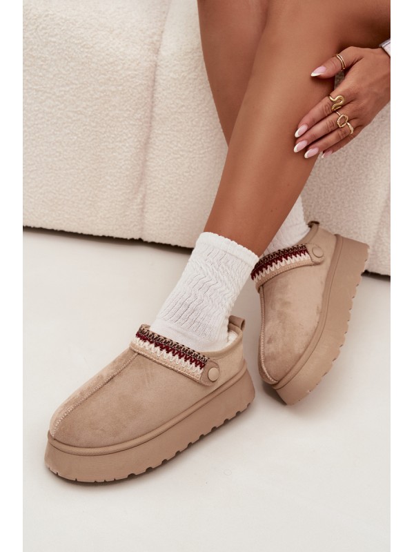 Women's Low Snow Boots With Movable Strap And Embroidery On Platform Light Beige Lyrisse