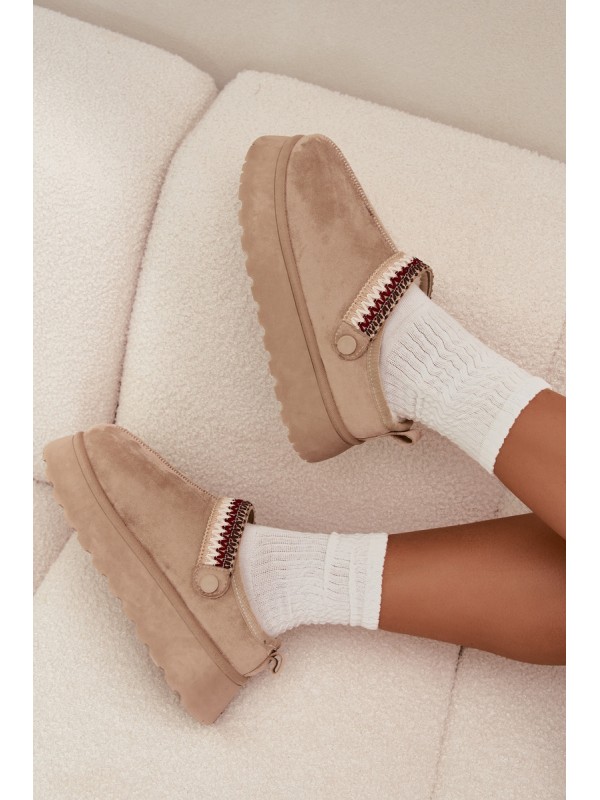Women's Low Snow Boots With Movable Strap And Embroidery On Platform Light Beige Lyrisse