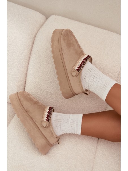 Women's Low Snow Boots With Movable Strap And Embroidery On Platform Light Beige Lyrisse