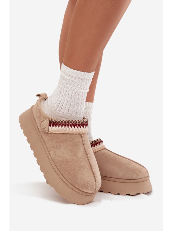 Women's Low Snow Boots With Movable Strap And Embroidery On Platform Light Beige Lyrisse