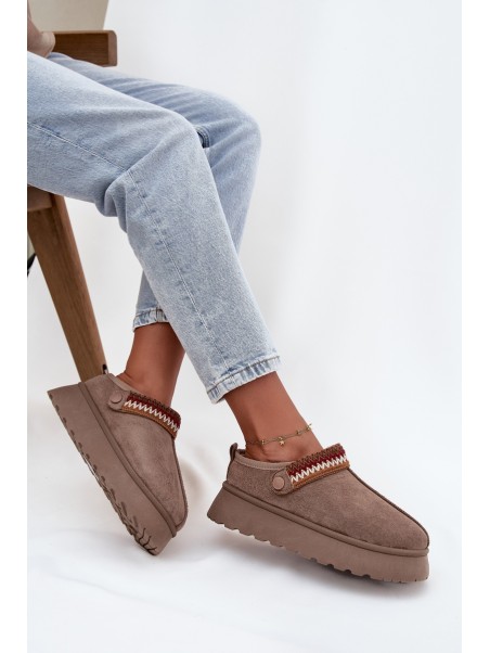 Women's Low Snow Boots With Movable Strap And Embroidery On Platform Dark Beige Lyrisse