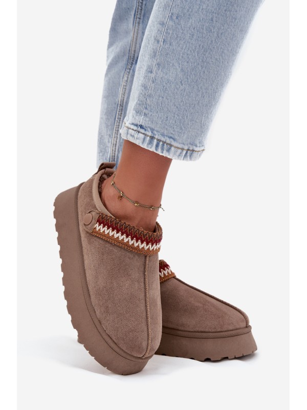 Women's Low Snow Boots With Movable Strap And Embroidery On Platform Dark Beige Lyrisse