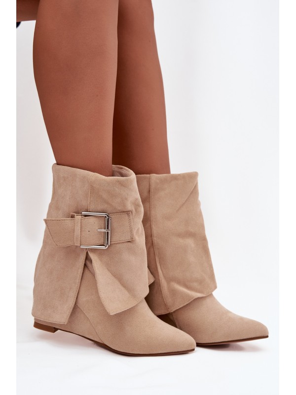 Platform ankle boots with turned-up shaft and buckle eco suede beige Vortinia