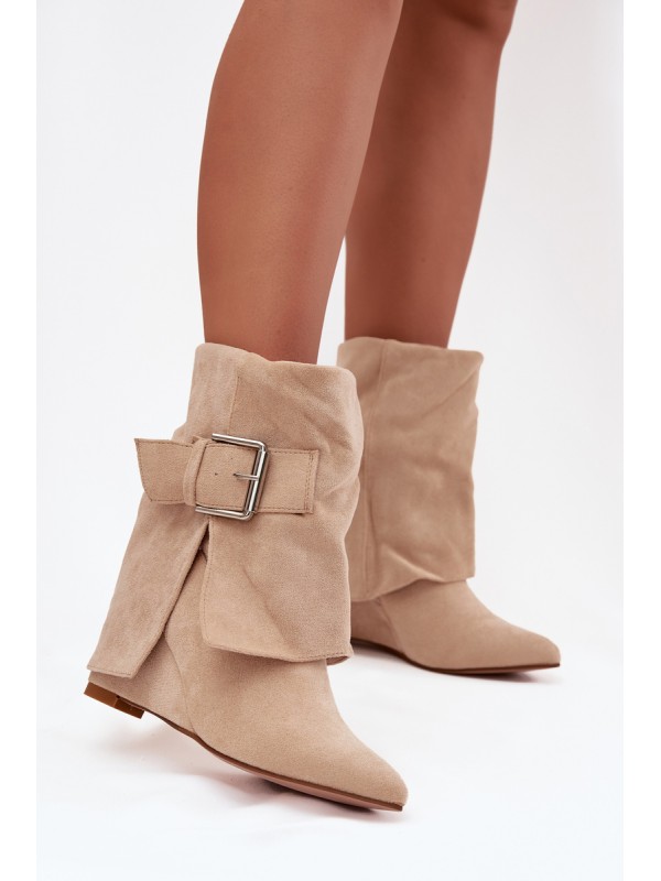 Platform ankle boots with turned-up shaft and buckle eco suede beige Vortinia 2