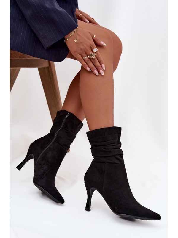 Women's Ankle Boots On Heel With Wrinkled Shaft Eco Suede Zipper Black Ulisse