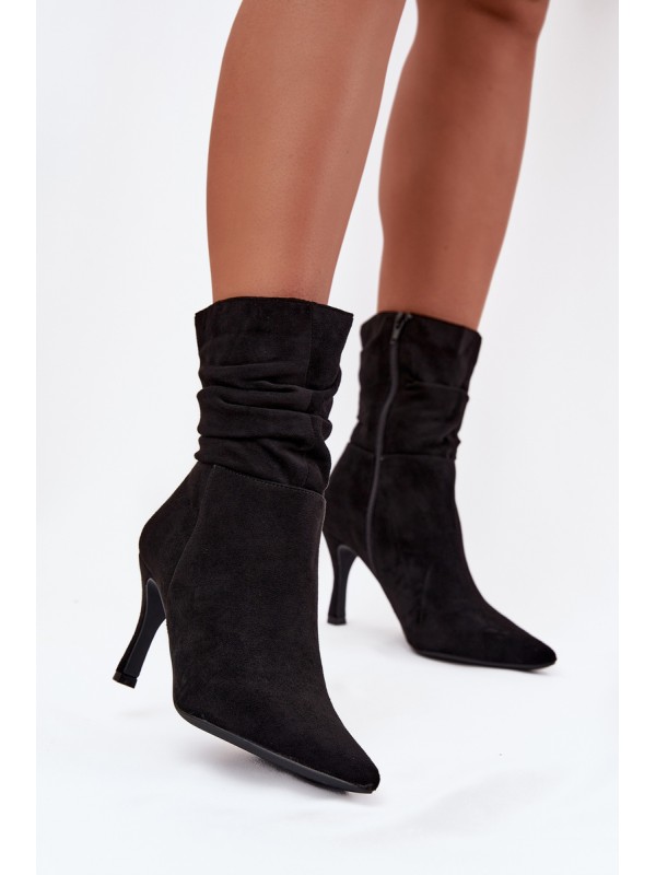 Women's Ankle Boots On Heel With Wrinkled Shaft Eco Suede Zipper Black Ulisse 2