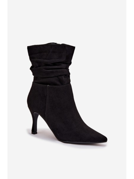 Women's Ankle Boots On Heel With Wrinkled Shaft Eco Suede Zipper Black Ulisse