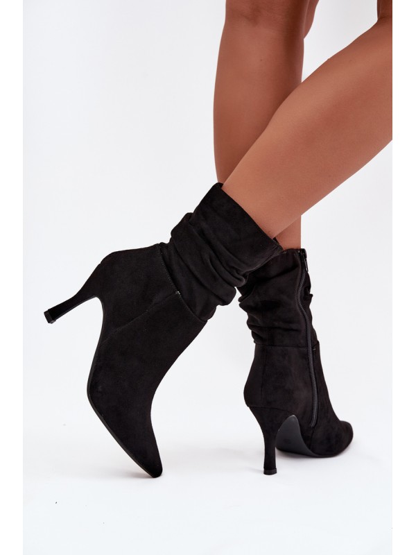Women's Ankle Boots On Heel With Wrinkled Shaft Eco Suede Zipper Black Ulisse