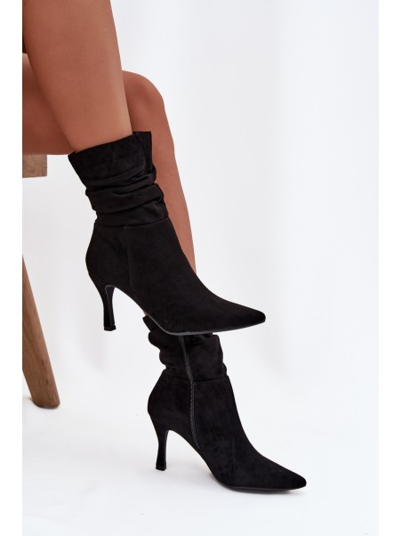Women's Ankle Boots On Heel With Wrinkled Shaft Eco Suede Zipper Black Ulisse