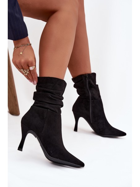 Women's Ankle Boots On Heel With Wrinkled Shaft Eco Suede Zipper Black Ulisse