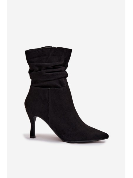 Women's Ankle Boots On Heel With Wrinkled Shaft Eco Suede Zipper Black Ulisse