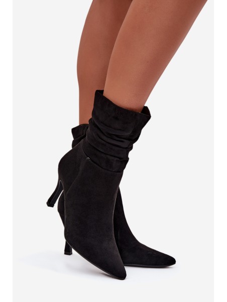 Women's Ankle Boots On Heel With Wrinkled Shaft Eco Suede Zipper Black Ulisse