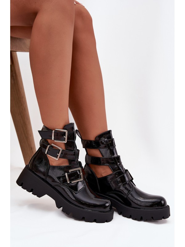 Lacquered Women's Boots with Straps and Silver Clamps Black Helisse