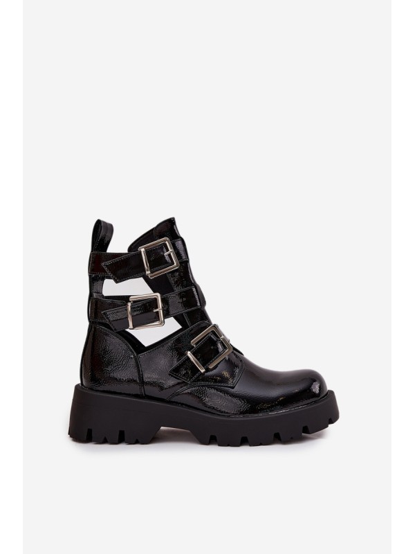 Lacquered Women's Boots with Straps and Silver Clamps Black Helisse