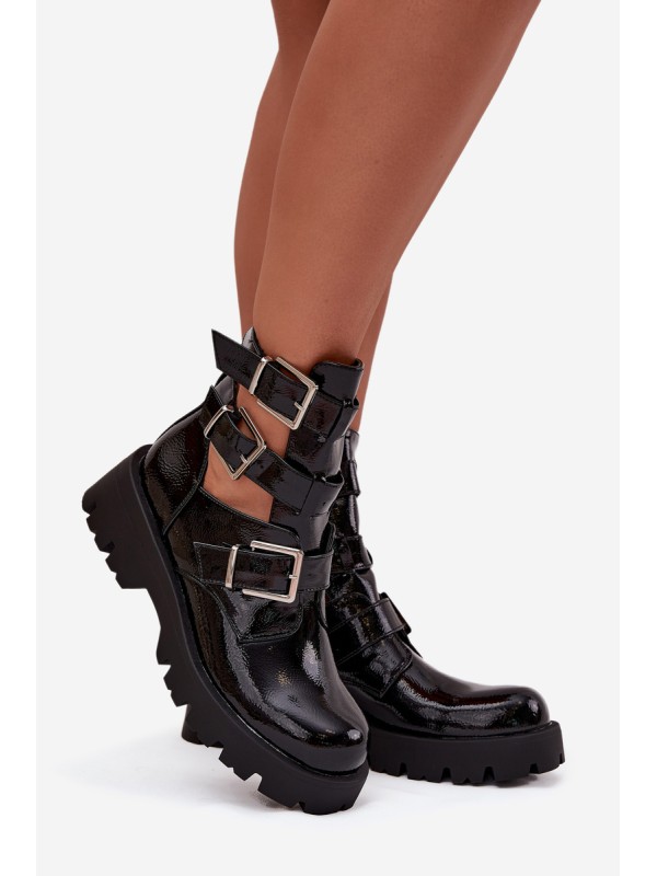 Lacquered Women's Boots with Straps and Silver Clamps Black Helisse