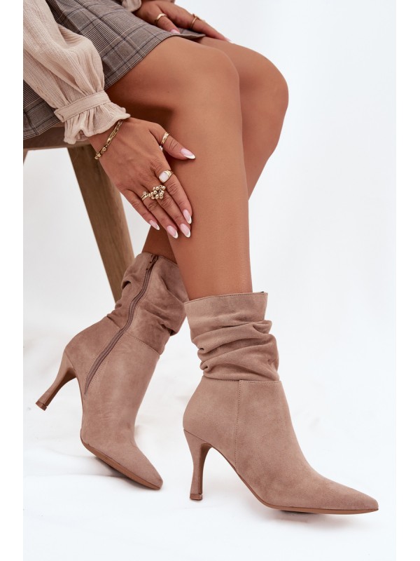 Women's Heeled Ankle Boots With Wrinkled Shaft Eco Suede Zip Beige Ulisse